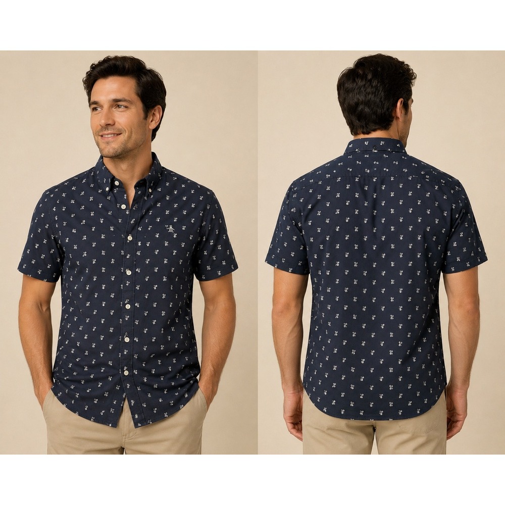 Original Penguin Mens Heritage Slim Fit Bicycle Print Button Down Shirt Navy XL